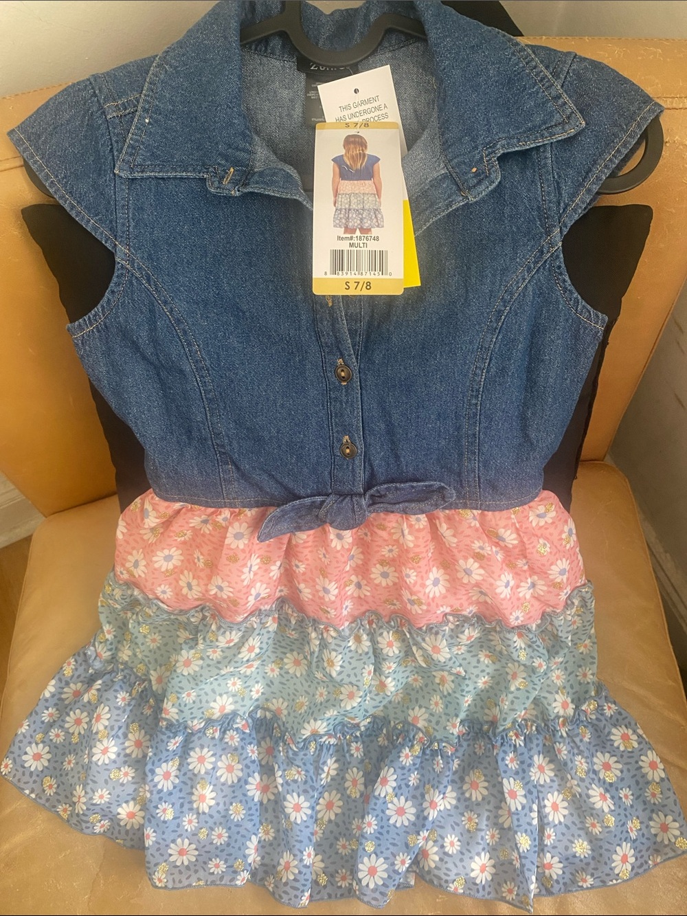 Zunie Denim Button-Front Dress with Pink and Blue Floral Tiers